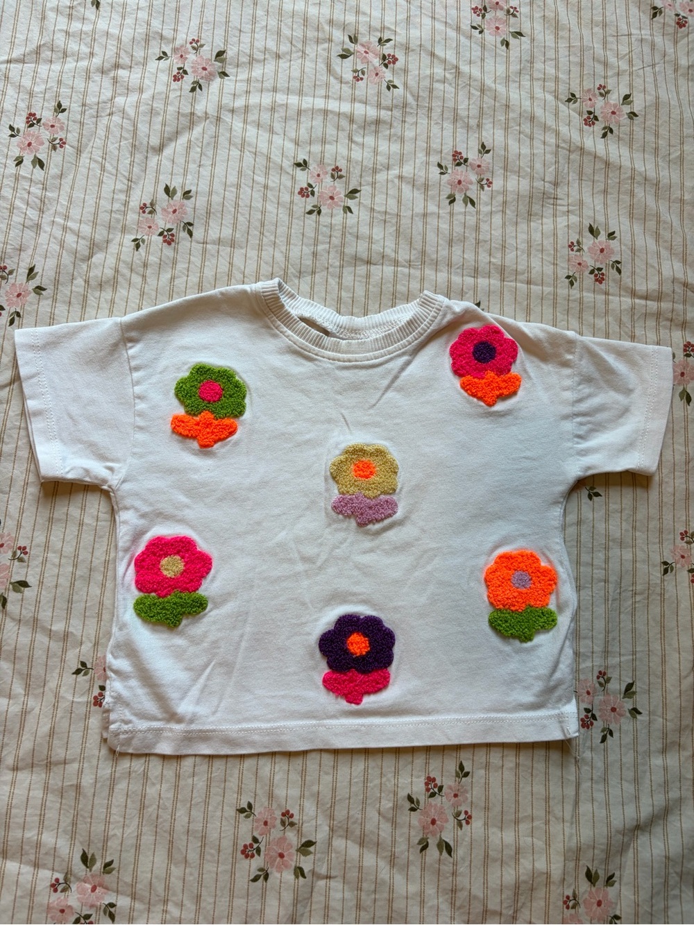 Zara White Tee with Bright Multicolor Flower Appliqués
